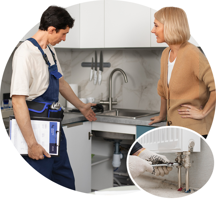 Heating and plumbing engineer speaking with a customer
